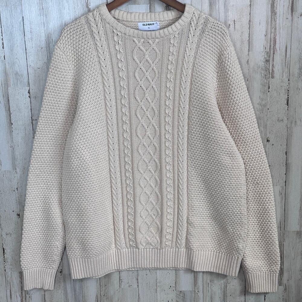 Old Navy 100 Cotton Cable Waffle Knit Crew Sweater XL Ivory EUC Preppy Coastal